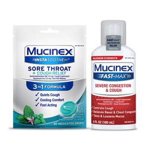 Mucinex 40 Count Instasoothe Sore Throat & Cough Drops + 6 fl oz Max Strength Severe Congestion & Cough Medicine - 1 of 4