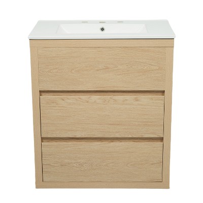 Vynxaria 30 Inch Natural Wood Grain Handle-Free Bathroom Vanity with Ceramic Sink One Dual Full-Extension Soft-Close Drawers 45 Degree Beveled
