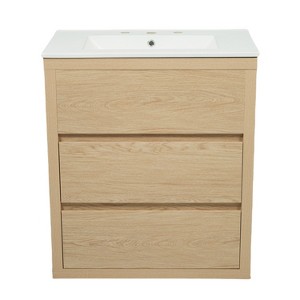 Vynxaria 30 Inch Natural Wood Grain Handle-Free Bathroom Vanity with Ceramic Sink One Dual Full-Extension Soft-Close Drawers 45 Degree Beveled - 1 of 4