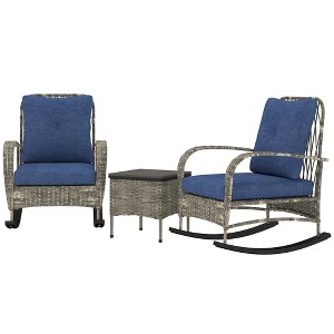 Aghana Digitals 3-Piece Outdoor PE Rattan Furniture: Rocking Chairs with Tufted Cushions, Square - 1 of 4