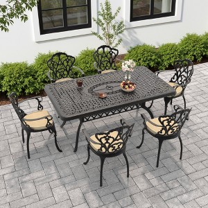 (7-PC)Premium Black Cast Aluminum Patio Set - Weather-Resistant Outdoor Table & Chairs with Beige Cushions, Umbrella Hole Included - 1 of 4