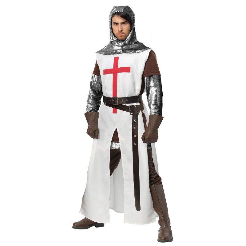 HalloweenCostumes.com 2X  Men  Men's Plus Size Medieval Knight Costume, White/Gray/Brown, 1 of 3