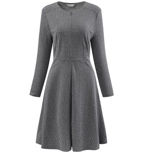 Hobemty Women's Zipper Neck Long Sleeve A-Line Midi Striped Dress with Pockets - 1 of 4