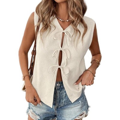 Womens Front Tie Sweater Vest Sleeveless V Neck Sweater Summer Tops with Tie Detail