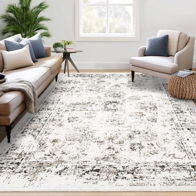 Large Machine Washable Area Rug for Bedroom 8x10 Living Room Vintage Floral Print Stain Resistant Accent Rug Non-Slip Foldable Distressed Carpet