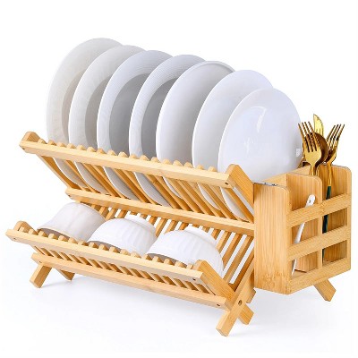 LunaLulinlk Foldable Two Tier Bamboo Dish Drying Rack - Foldable Space Saving Drainer