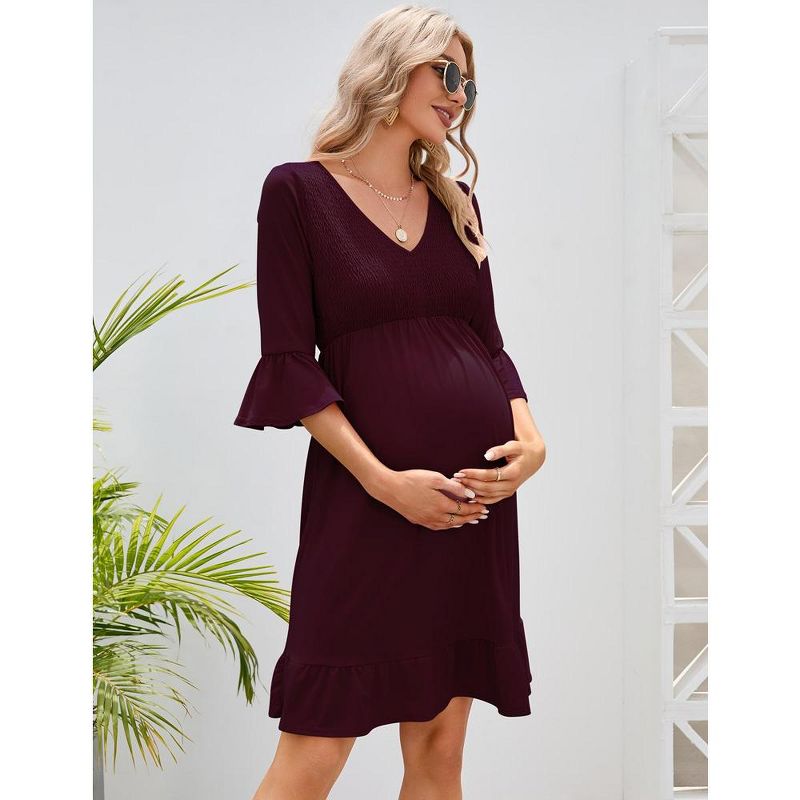 Women's Maternity Smocked 3/4 Sleeve Boho Dress V Neck Fall Casual Ruffle Flowy Midi Dress for Baby Shower Photoshoot, 5 of 8