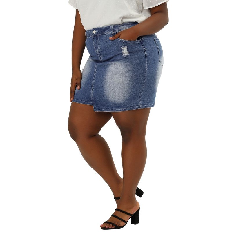 Agnes Orinda Women's Plus Size Ripped Slash Pocket Frayed Hem Denim Bodycon Skirt, 4 of 7