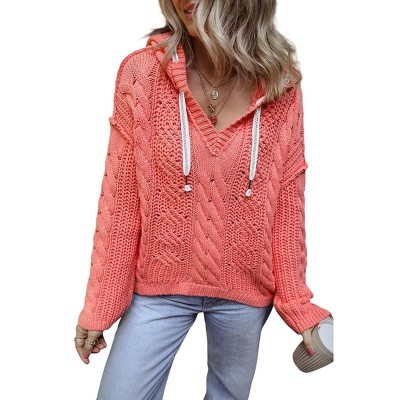Women's Coral Knit Drawstring Hooded Sweater - Sweet Lover Fashion