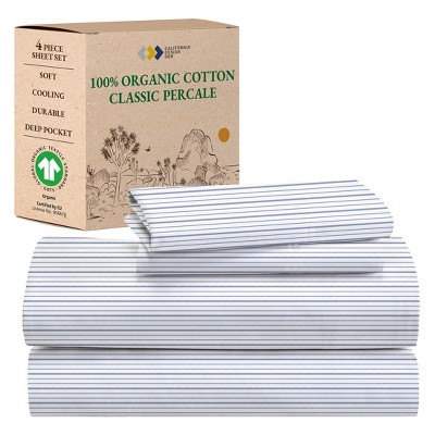 Full Size Blue Stripe Organic Cotton Percale Sheet Set