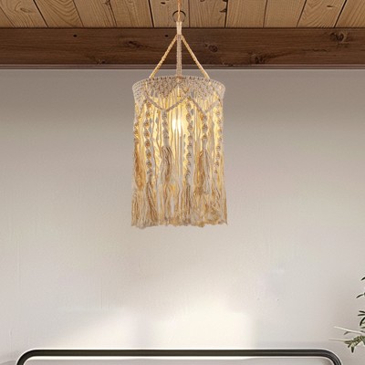 DORESshop Bohemian 1-Light White Pendant Light with Adjustable Macrame Rattan Lamp Shade and Length, Plug-In