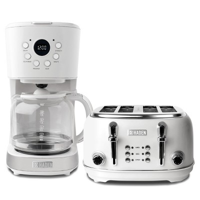 Haden Heritage 4 Slice Wide Slot Stainless Steel Toaster Bundled with 12 Cup Programmable Drip Coffee Maker Coffee Machine, Ivory & Chrome