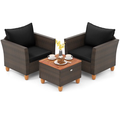 Tangkula 3 PCS Patio PE Wicker Furniture Set Outdoor Conversation Bistro Set w/ Cushions Black
