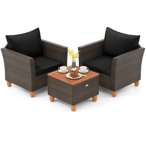 Tangkula 3 PCS Patio PE Wicker Furniture Set Outdoor Conversation Bistro Set w/ Cushions Black - 1 of 4