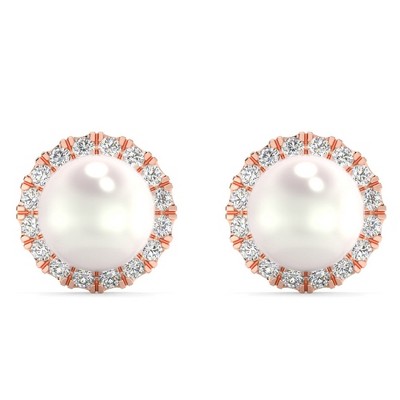 Pompeii3 6mm Pearl & Diamond Halo Studs Women's 14k Gold Earrings Lab Created