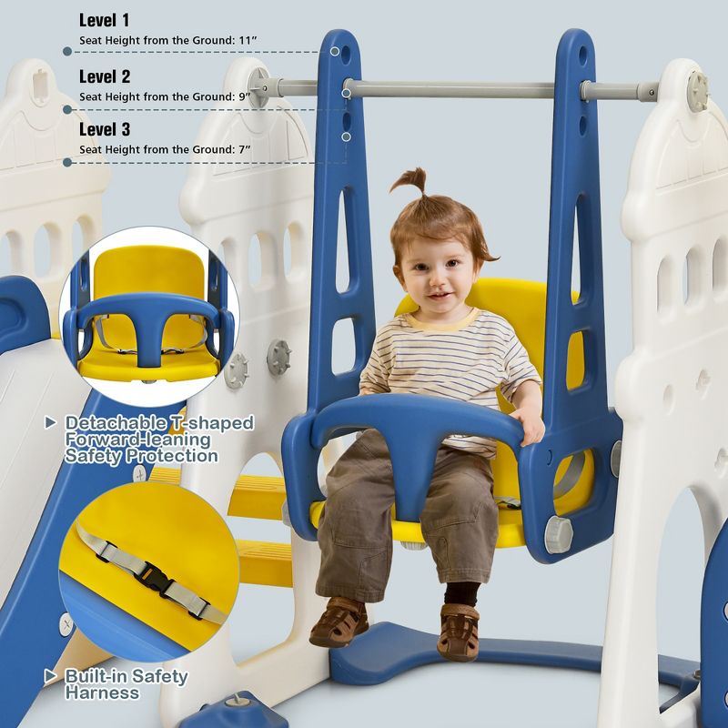 Costway 6 in 1 Toddler Slide and Swing Set Climber Playset w/ Ball Games White\Blue, 4 of 11