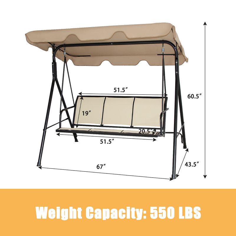 Costway Outdoor Patio Swing Canopy 3 Person Canopy Swing Chair Patio Hammock Brown, 3 of 11