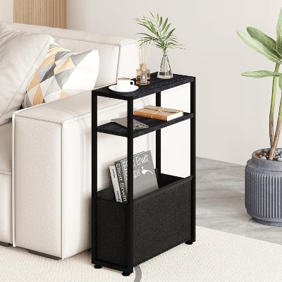 Narrow Side Table, Slim End Tables with Fabric Basket, Skinny Table for Small Spaces, Thin Bedside Table
