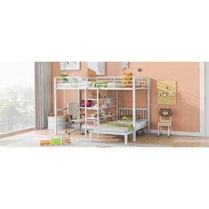 MAYEERTY Full Over Twin Metal Bunk Bed with Built-in Desk, Shelves and Ladder, White - 1 of 4