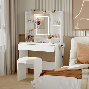 Vanity Desk with Mirror, Makeup Desk with Padded Stool, Dressing Table with Storage Drawers, Hairdryer Holder, Vanity Table Set for Bedroom - 1 of 4