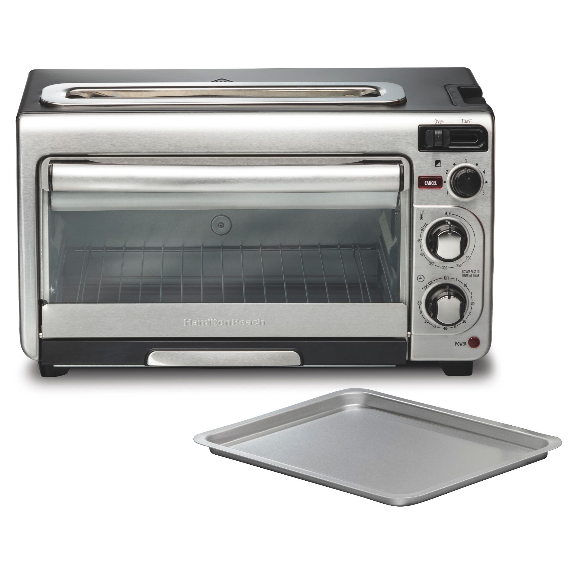 Hamilton Beach 2-in-1 Toaster & Oven Combo: Countertop Toaster Oven, Broiler, Warmer, Fits 9" Pizza, 1450W, Dual Rack Slots