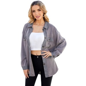 Women's Polar Fleece Shirt Jacket, Button - Down Long - Sleeve Coat with Chest Pockets, Casual Fall & Winter Outerwear - 1 of 4