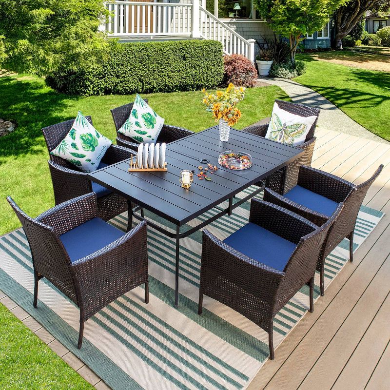 7pc Patio Dining Set with Rectangle Table with 1.57&#34; Umbrella Hole &#38; Rattan Wicker Arm Chairs - Captiva Design, 1 of 13