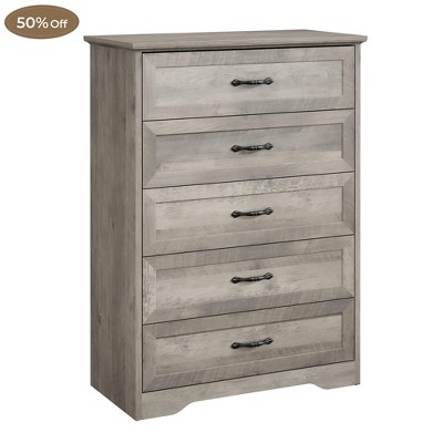Jojoka Wooden Dresser with 5 Spacious Drawers, Modern Storage Chest with Metal Handles for Bedroom, Living Room, Hallway