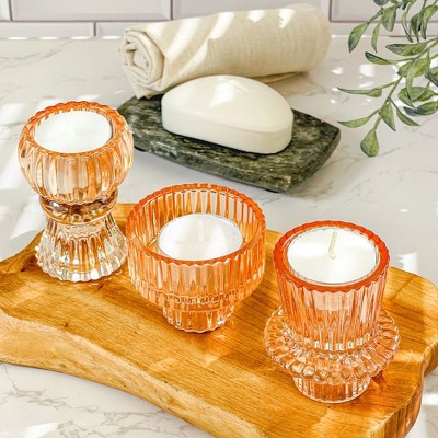 Rose Gold Ribbed Glass Candlestick Holders Set of 6
