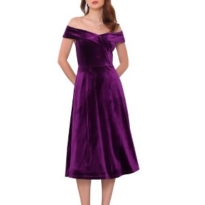 INSPIRE CHIC Women Off Shoulder Velvet High Waist Vintage A-Line Cocktail Evening Dress - 1 of 4