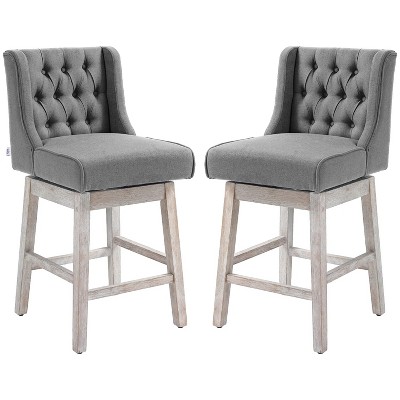 Gray Swivel Bar Stool 2-Piece Set, 27" Bar Height, Linen Upholstery, Button Tufted Design