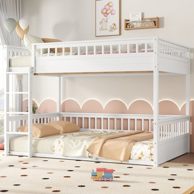 Twin XL/Full XL/Queen Over Queen Bunk Bed with Ladder and Guardrails, Convertible into Two Separate Beds, White/Natural - ModernLuxe