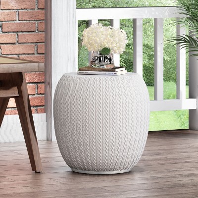 Kumasinova 15.7" Stylish Barrel-Shaped Side Table for Outdoor Use,Accent End Table Concrete Patio Side Table for Poolside,Porch&Garden,Antique White