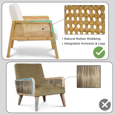 Ivory Boucle Fabric Accent Chair with Rattan Armrests and Wood Legs