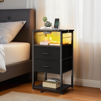 Tall Nightstand with Charging Station and LED Lights, Bedside Table with Fabric Drawers