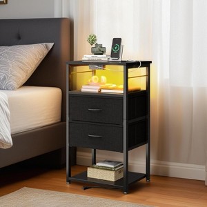 Tall Nightstand with Charging Station and LED Lights, Bedside Table with Fabric Drawers - 1 of 4