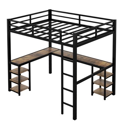 TiramisuBest Full Metal Loft Bed with Desk and Shelves - Black Metal Design