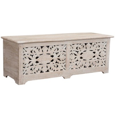 HomeRoots 52" White Distressed Solid Wood Carved Floral Storage Ottoman