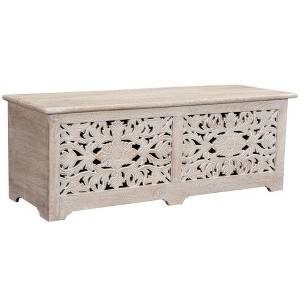 HomeRoots 52" White Distressed Solid Wood Carved Floral Storage Ottoman - 1 of 4