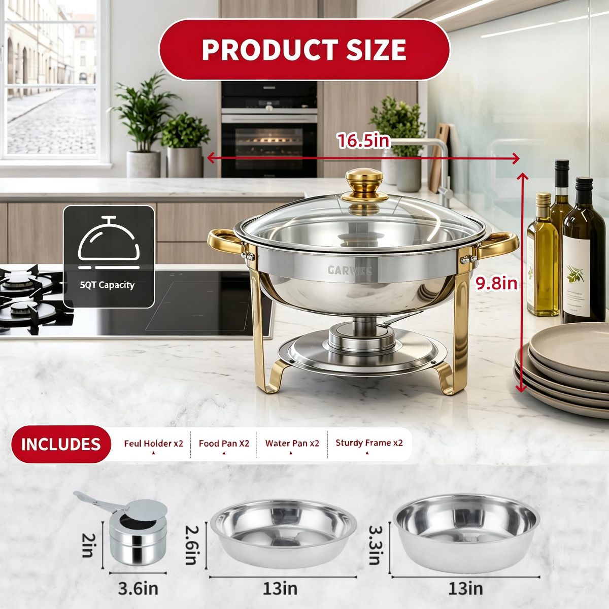 Round Gold Chafing Dish Buffet Set, 5QT Stainless Steel Food Warmer, Commercial Chafing Dish Buffet Warmer 5QT Round Stainless Steel Gold - thumbnail 2