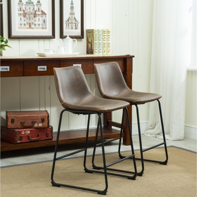 Antique Brown Leather and Metal Counter Height Stools, Set of 2