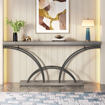 70.9" Gray Faux Marble Console Table with Black Metal Legs
