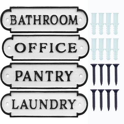 AuldHome Design Cast Iron Door Room Plaques, 4pc Set; Pantry, Office, Bathroom, Laundry