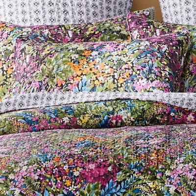 Full Black Cotton Reversible Floral Quilt Set