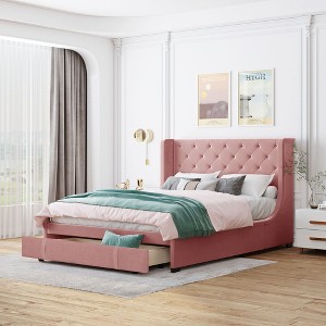 NicBex Queen Upholstered Platform Bed Frame with Wingback Velvet Headboard and 1 Drawer,Wood Slats Support,No Box Spring Needed,Easy Assembly - 1 of 4