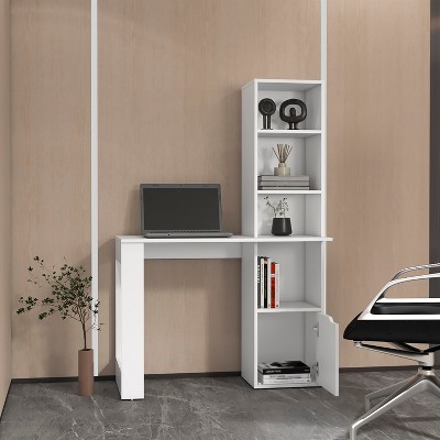 Vynxaria Modern White Computer Desk with 4-Tier Bookcase & 1-Door Cabinet - 49" Home Office Study Desk with Storage