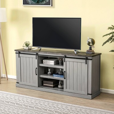 Gray Sliding Barn-Door TV Stand with Adjustable Shelves