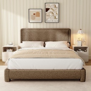 Dyonery Boucle Bed Frame with Adjustable Headboard, Soft Cloud Platform Bed with Teddy Fabric, Rounded Corners & Noise-Free Design - 1 of 4