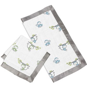 Bacati - Happy Monkeys Blue/Green Muslin 2 pc Security Blankets - 1 of 4