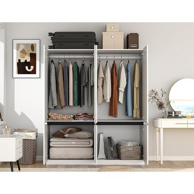 TiramisuBest Wardrobe Armoire, 2-Door Closet with Drawers & Hanging Rod, Twill Wooden Storage Cabinet, Modern White, 20.4"D x 31.5"W x 76.77"H
